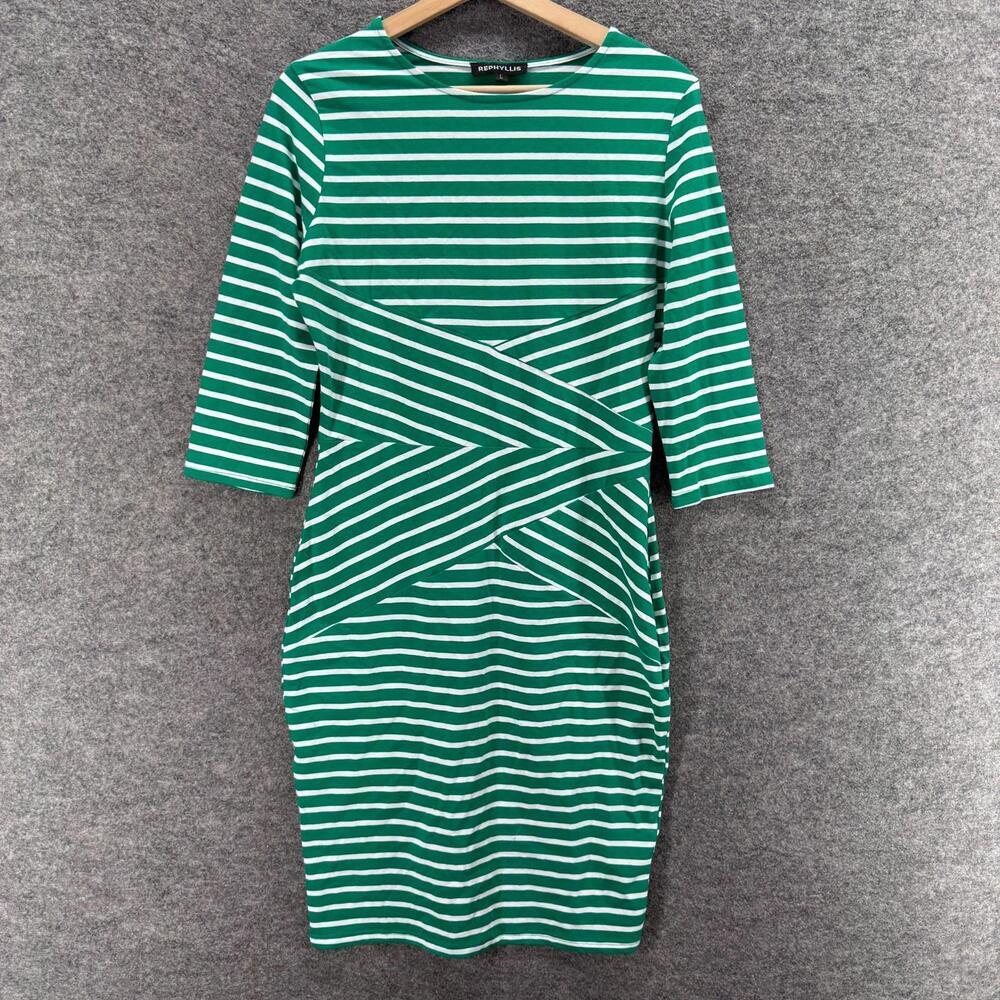 Rephyllis Dress Women L Large Green Striped Sheath Midi 3/4 Sleeve Rayon Stretch